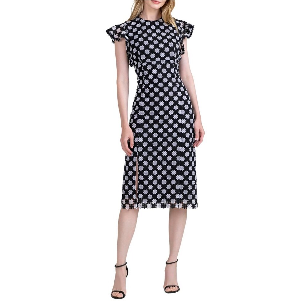 Shoshanna Womens Aya Flutter Sleeve Lace Midi Dress Black White size 2